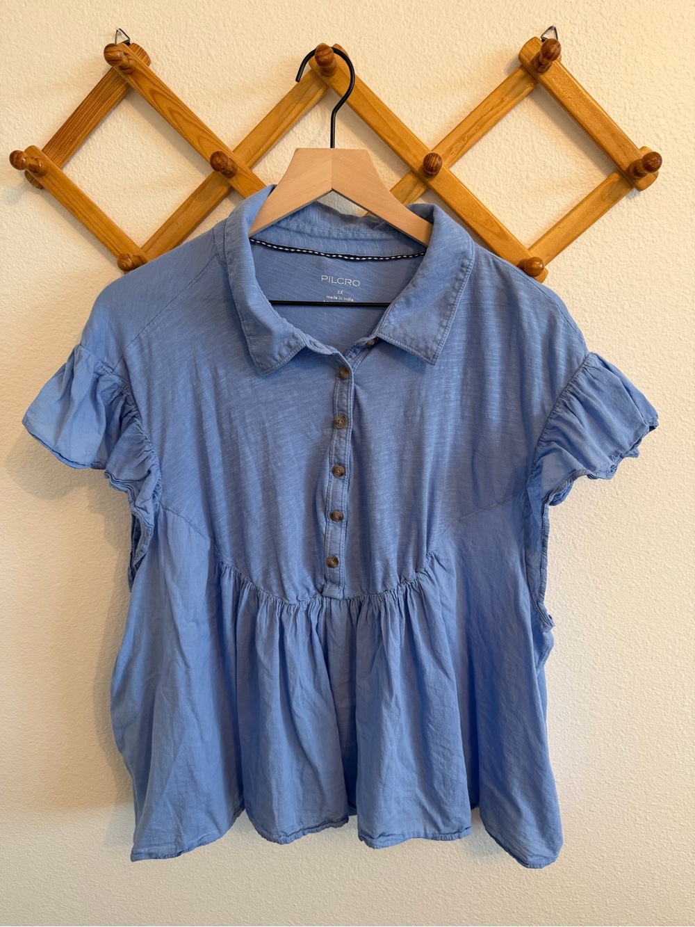 Pilcro 2X Blue Peplum Blouse Button Front Ruffle Sleeve Top Plus Size